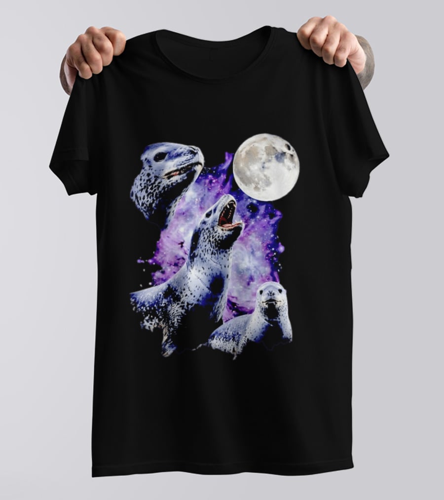 Three Leopard Seals Under Moonlight With Starry Purple Night Sky T-Shirt