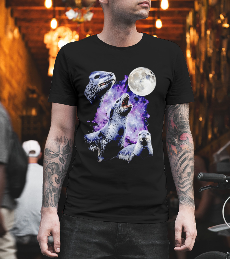Three Leopard Seals Under Moonlight With Starry Purple Night Sky T-Shirt