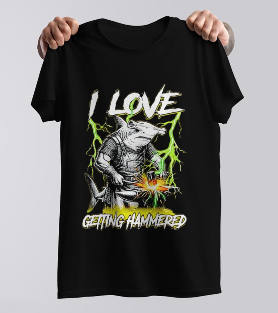 I Love Getting Hammered Hammerhead Shark Lightning Blacksmith Hammering T-Shirt