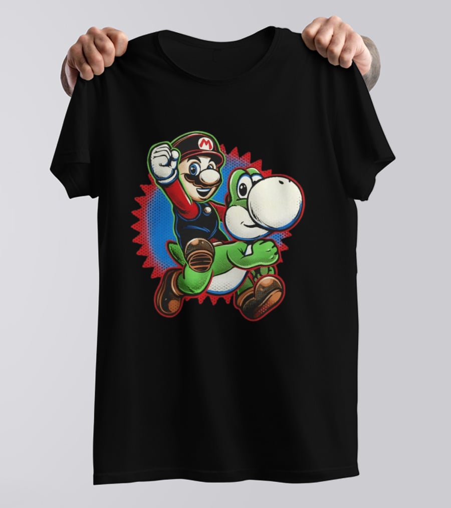 Mario And Yoshi Ride The Green Dino Classic Cartoon Adventure T-Shirt