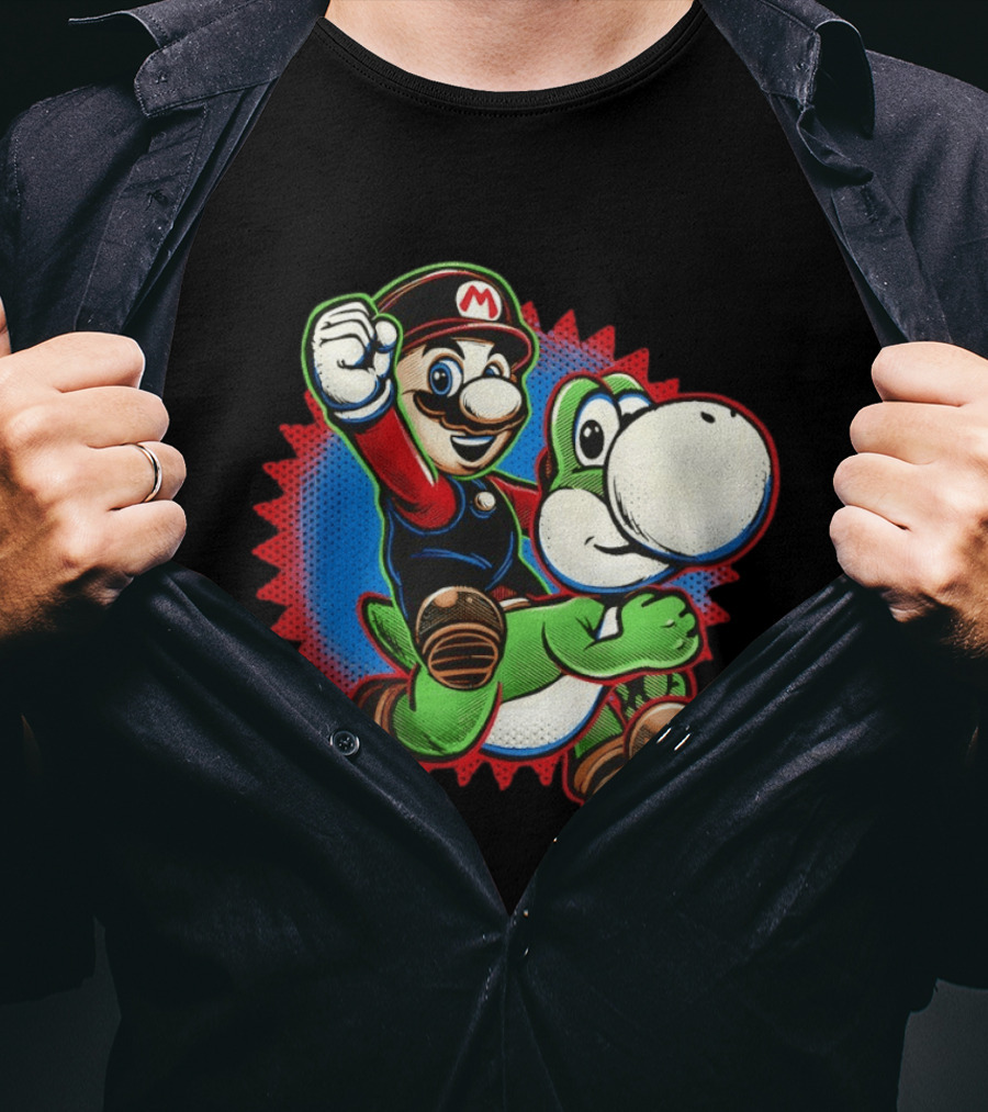 Mario And Yoshi Ride The Green Dino Classic Cartoon Adventure T-Shirt