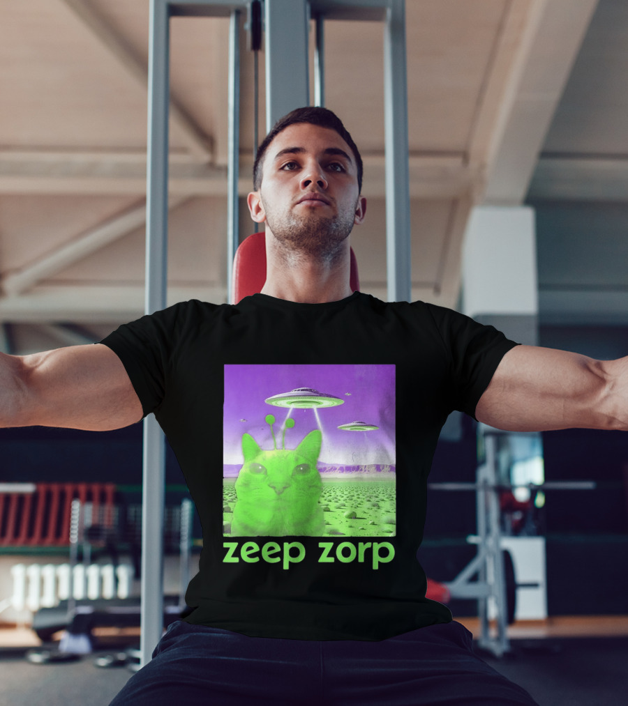 Zeep Zorp Green Cat Alien With UFOs In Space Desert Scenery T-Shirt