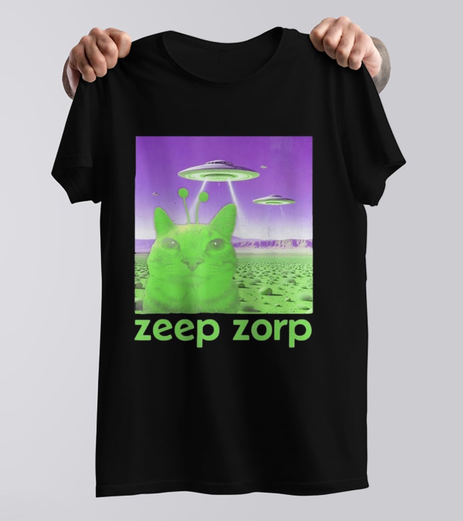 Zeep Zorp Green Cat Alien With UFOs In Space Desert Scenery T-Shirt