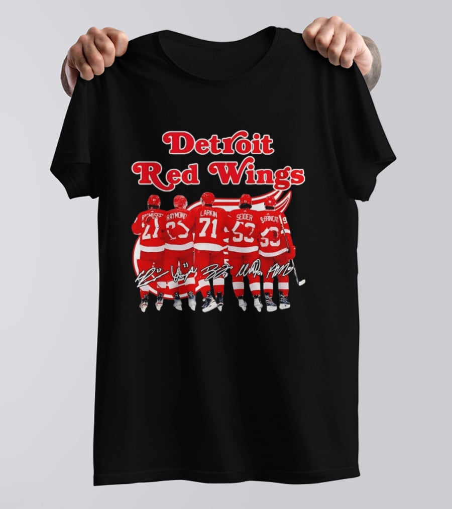 Detroit Red Wings Players Rasmussen Raymond Larkin Seider Branncat Celebrating Victory NHL 2026 Signatures T-Shirt