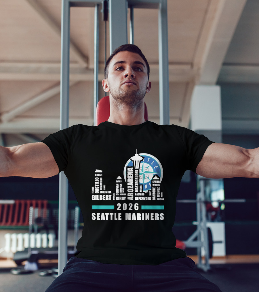 2026 Seattle Mariners City Connect Skyline With Player Names And Space Needle T-Shirt