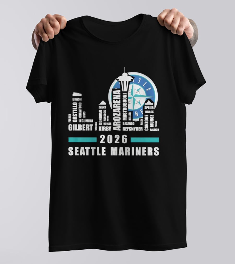 2026 Seattle Mariners City Connect Skyline With Player Names And Space Needle T-Shirt