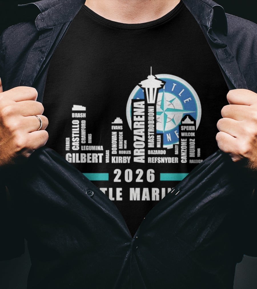 2026 Seattle Mariners City Connect Skyline With Player Names And Space Needle T-Shirt