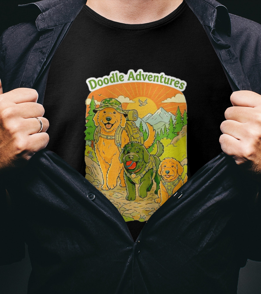 Doodle Adventures Three Dogs Picnic Adventure Sunset T-Shirt