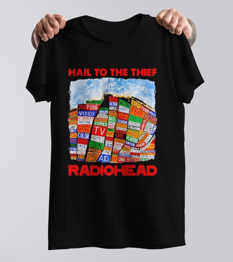 Radiohead Hail To The Thief Album Cover Colorful Text Collage 24HR TV 25 Aid T-Shirt