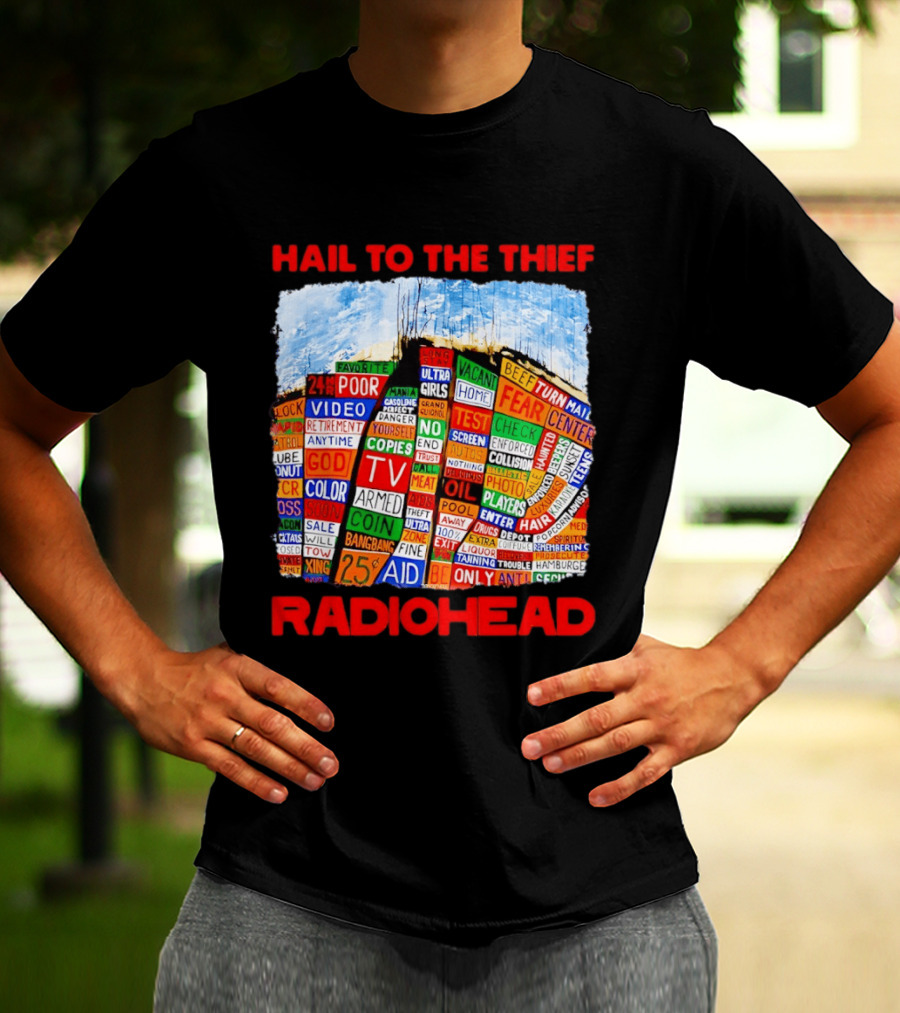 Radiohead Hail To The Thief Album Cover Colorful Text Collage 24HR TV 25 Aid T-Shirt