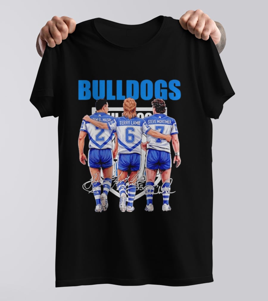 Hazem El Masri Terry Lamb Steve Mortimer Canterbury Bankstown Bulldogs Legends Signatures T-Shirt