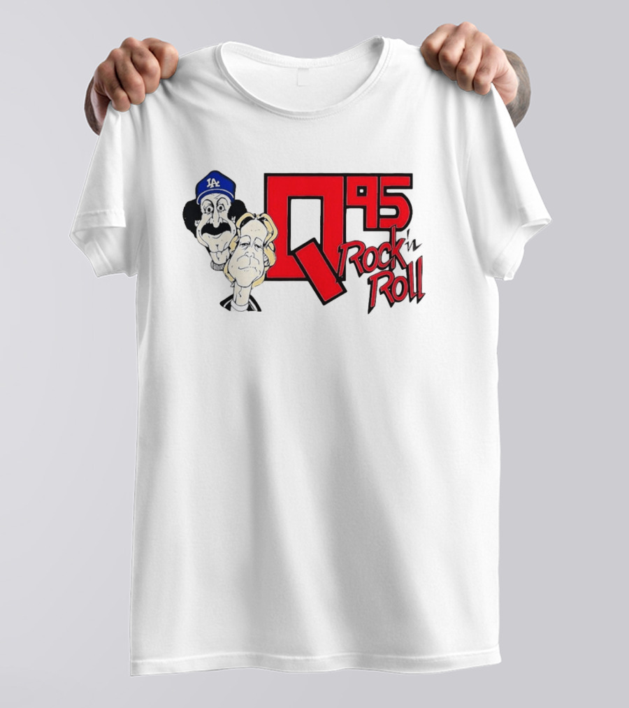 Q95 Rock 'n Roll Characters Wearing LA Dodgers Hat T-Shirt