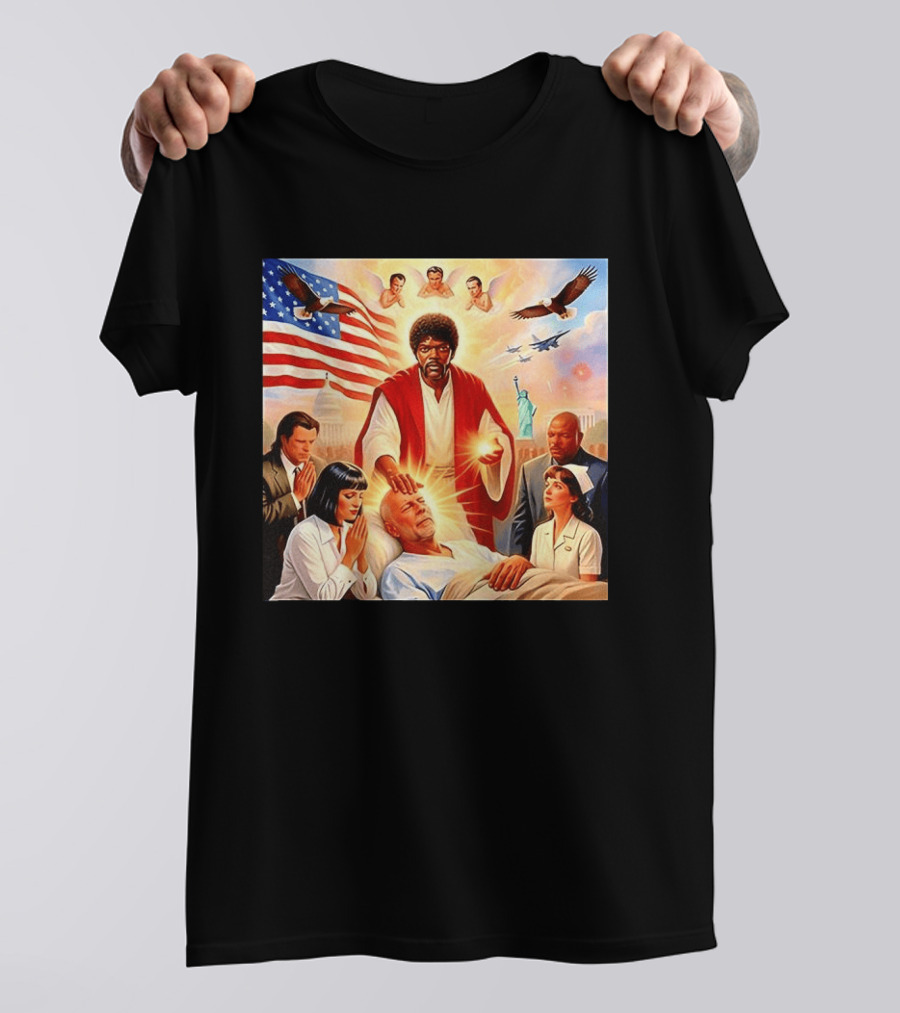 Samuel L. Jackson Exorcism Scene With Bruce Willis And US Patriotic Elements Meme T-Shirt