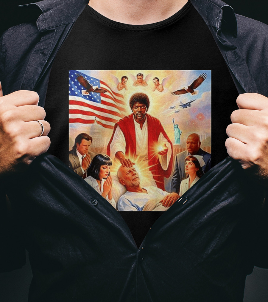 Samuel L. Jackson Exorcism Scene With Bruce Willis And US Patriotic Elements Meme T-Shirt