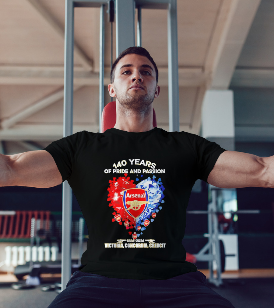 Arsenal 140 Years Of Pride And Passion Victoria Concordia Crescit 1886 2026 Heart Badge Crest T-Shirt