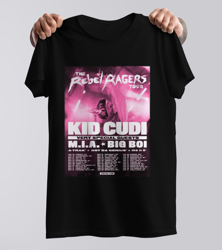 The Rebel Ragers Tour Kid Cudi 2026 Featuring M.I.A. Big Boi A Trak Dot Da Genius Tour Dates T-Shirt