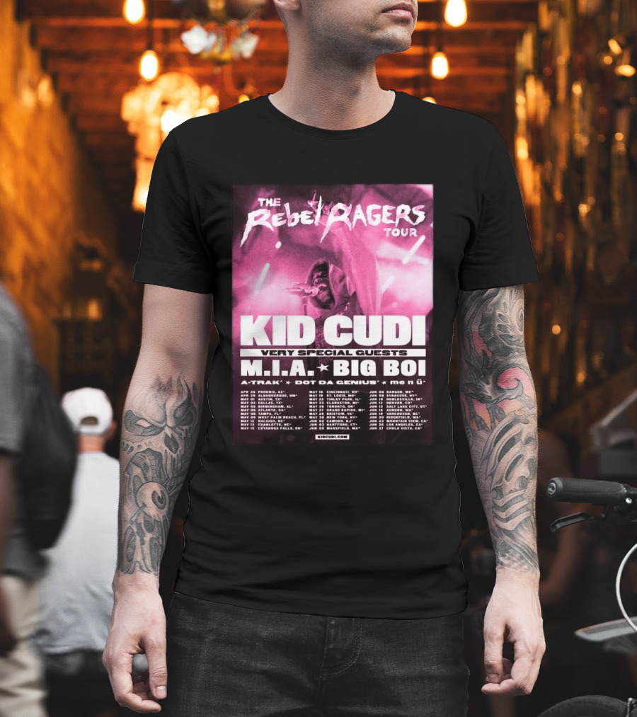 The Rebel Ragers Tour Kid Cudi 2026 Featuring M.I.A. Big Boi A Trak Dot Da Genius Tour Dates T-Shirt