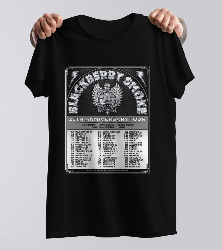 Blackberry Smoke 25th Anniversary Tour 2024 With Ben Chapman And Jason Newsted Featuring Parker Barrow And Robert Jon & The Wreck T-Shirt