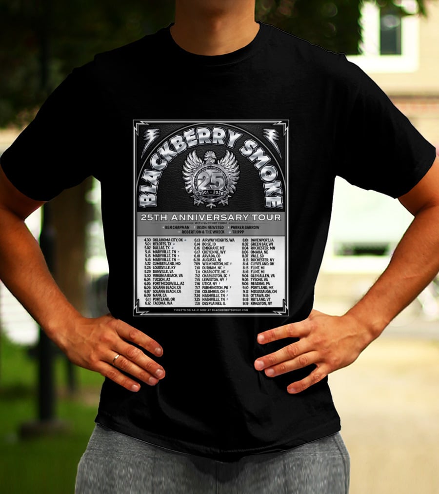 Blackberry Smoke 25th Anniversary Tour 2024 With Ben Chapman And Jason Newsted Featuring Parker Barrow And Robert Jon & The Wreck T-Shirt
