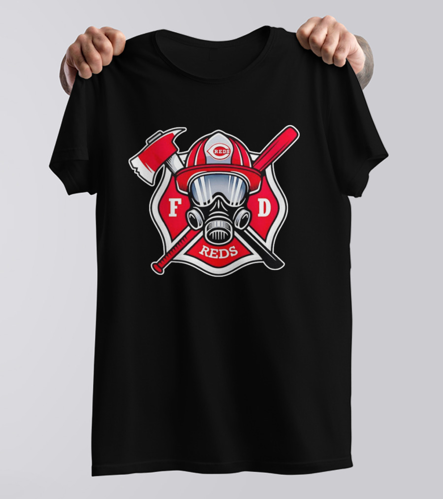 Cincinnati Reds FD Firefighter Helmet With Axe And Baseball Bat T-Shirt