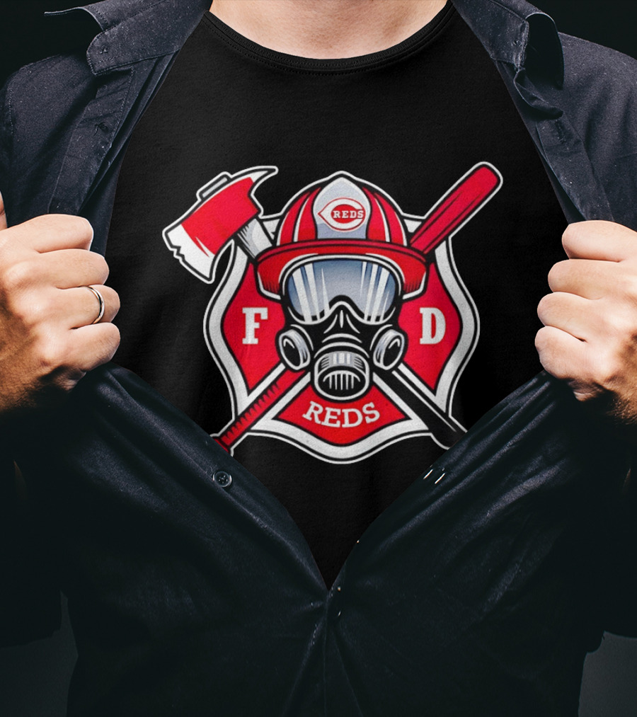 Cincinnati Reds FD Firefighter Helmet With Axe And Baseball Bat T-Shirt