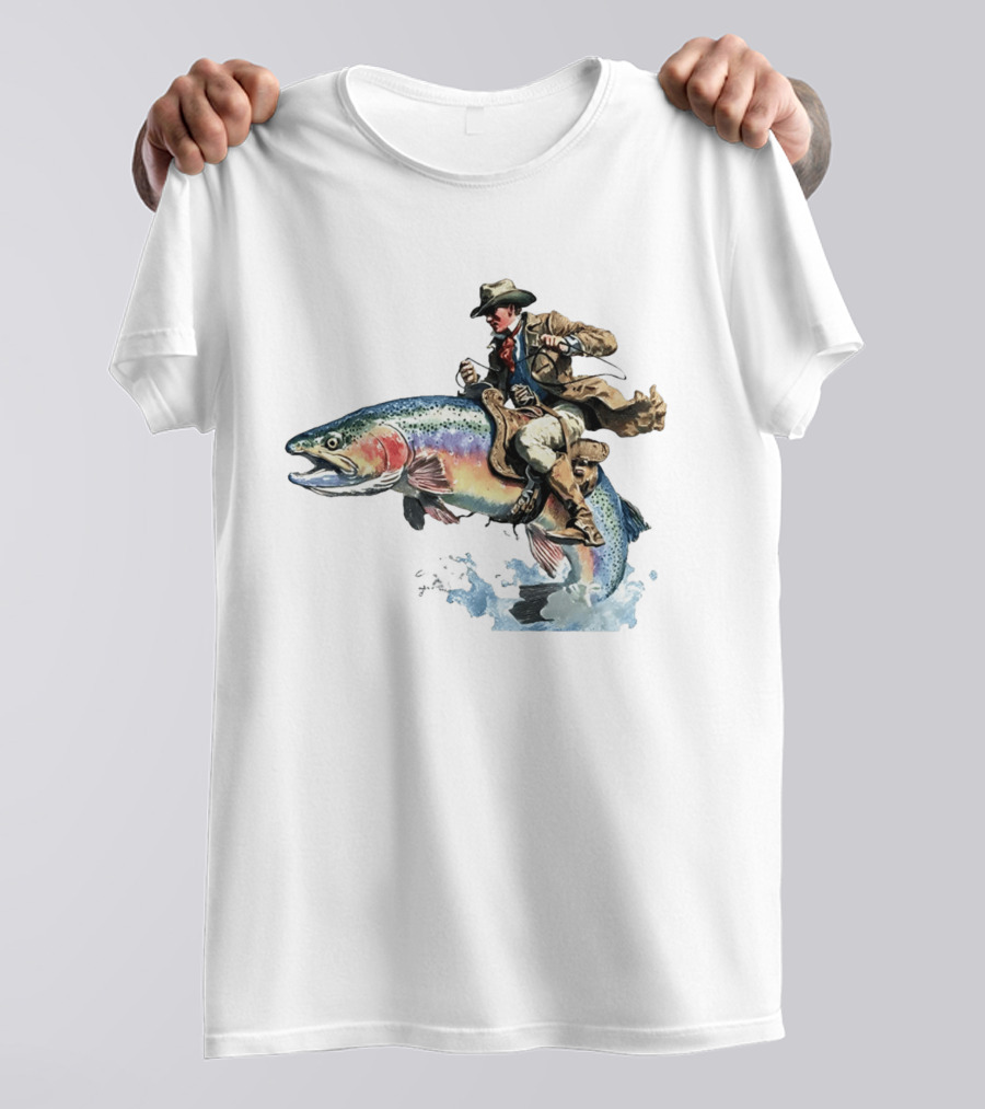 Cowboy Riding Rainbow Trout Adventure Scene T-Shirt