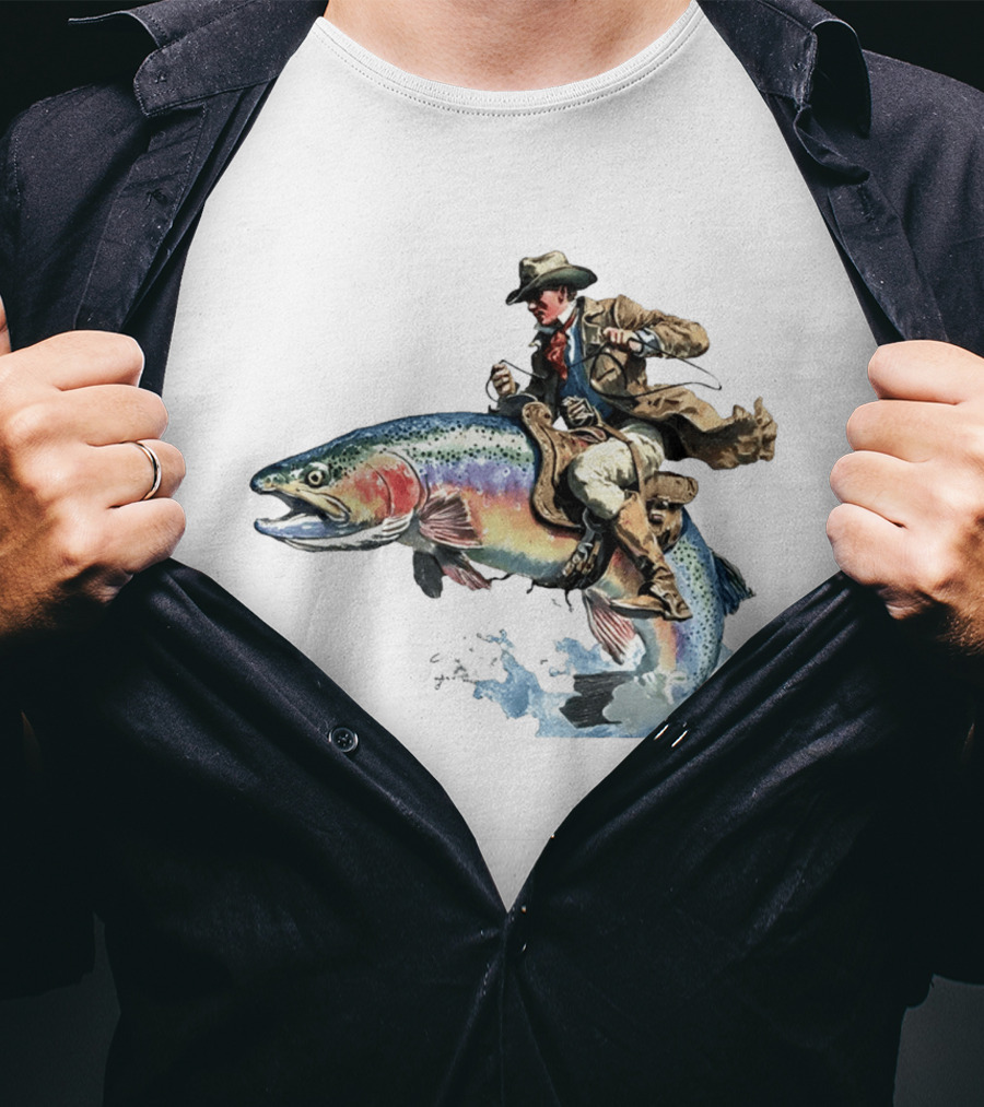 Cowboy Riding Rainbow Trout Adventure Scene T-Shirt