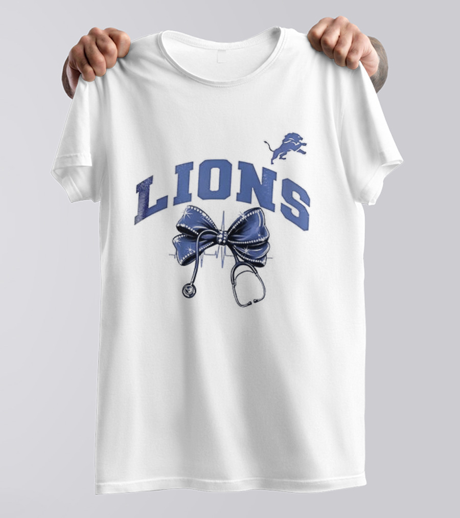 Detroit Lions Nurse By Heart By Soul With Stethoscope And Bow T-Shirt