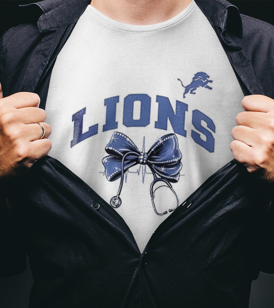 Detroit Lions Nurse By Heart By Soul With Stethoscope And Bow T-Shirt