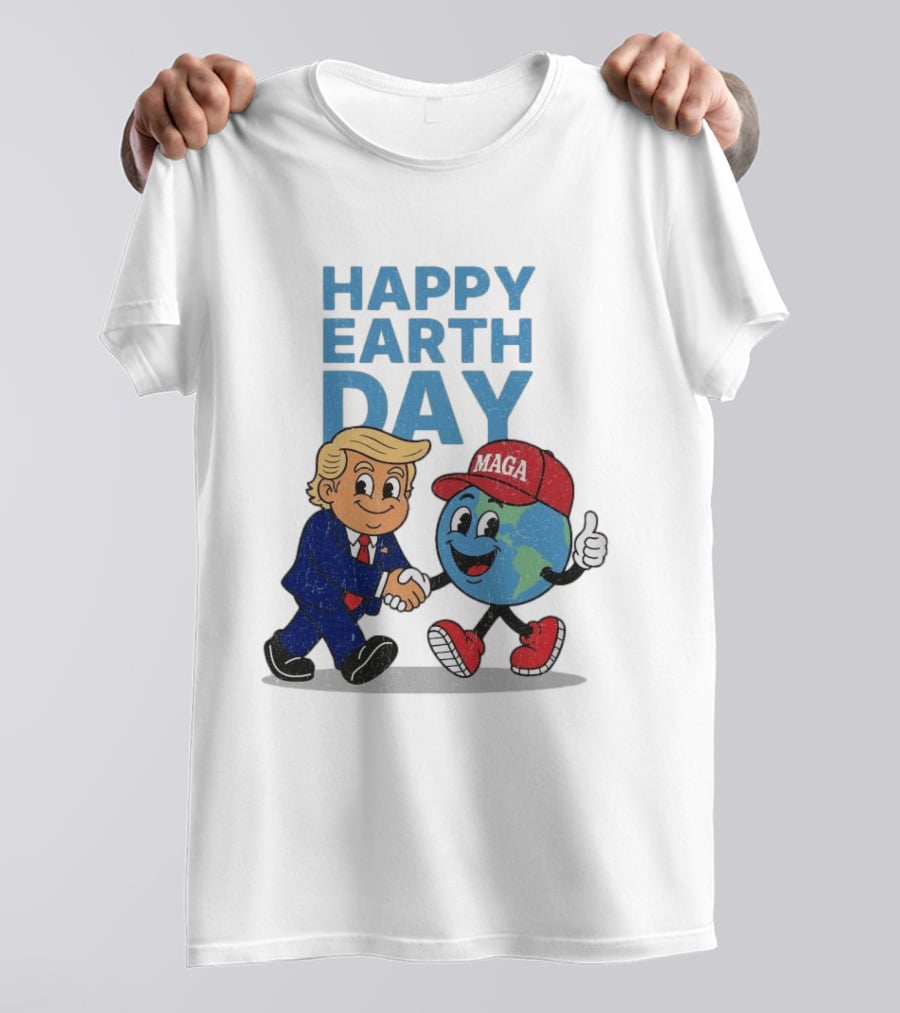 Happy Earth Day Trump MAGA Earth Cartoon Shaking Hands T-Shirt