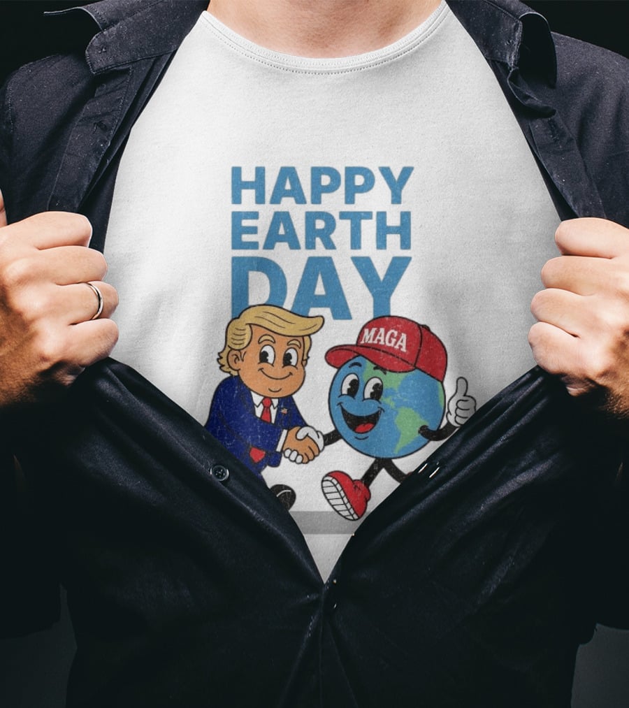 Happy Earth Day Trump MAGA Earth Cartoon Shaking Hands T-Shirt