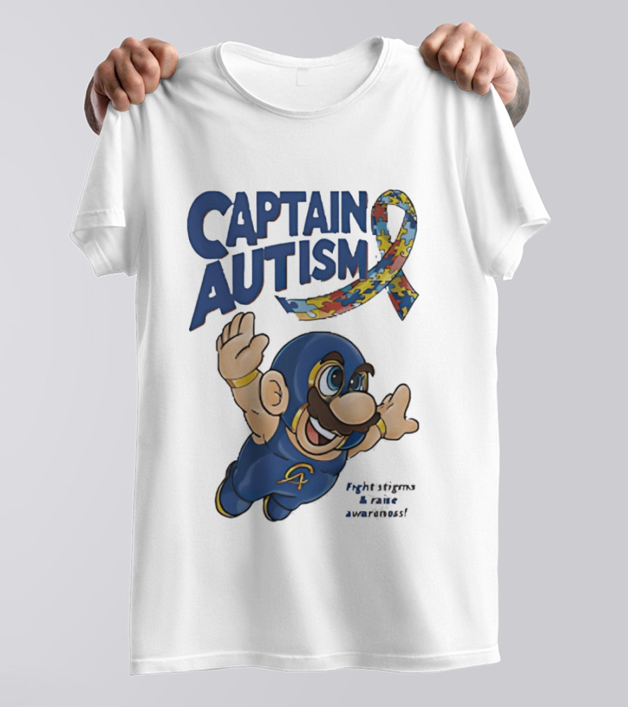 Captain Autism Super Mario Puzzle Ribbon Flying Awareness T-Shirt