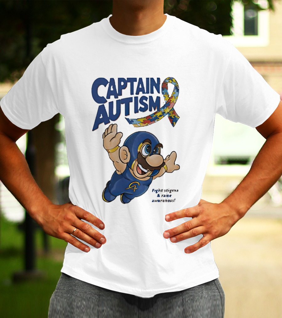 Captain Autism Super Mario Puzzle Ribbon Flying Awareness T-Shirt
