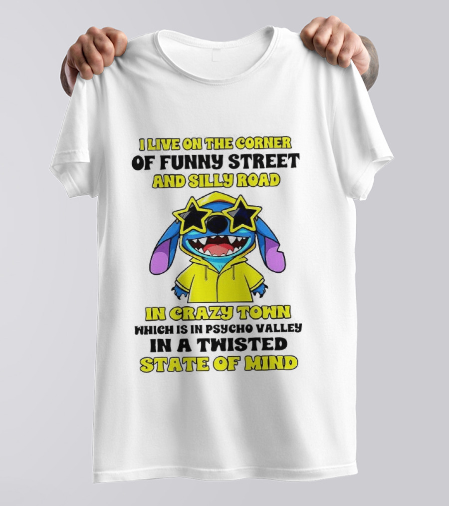 I Live On The Corner Of Funny Street And Silly Road In Crazy Town Twisted State Of Mind T-Shirt