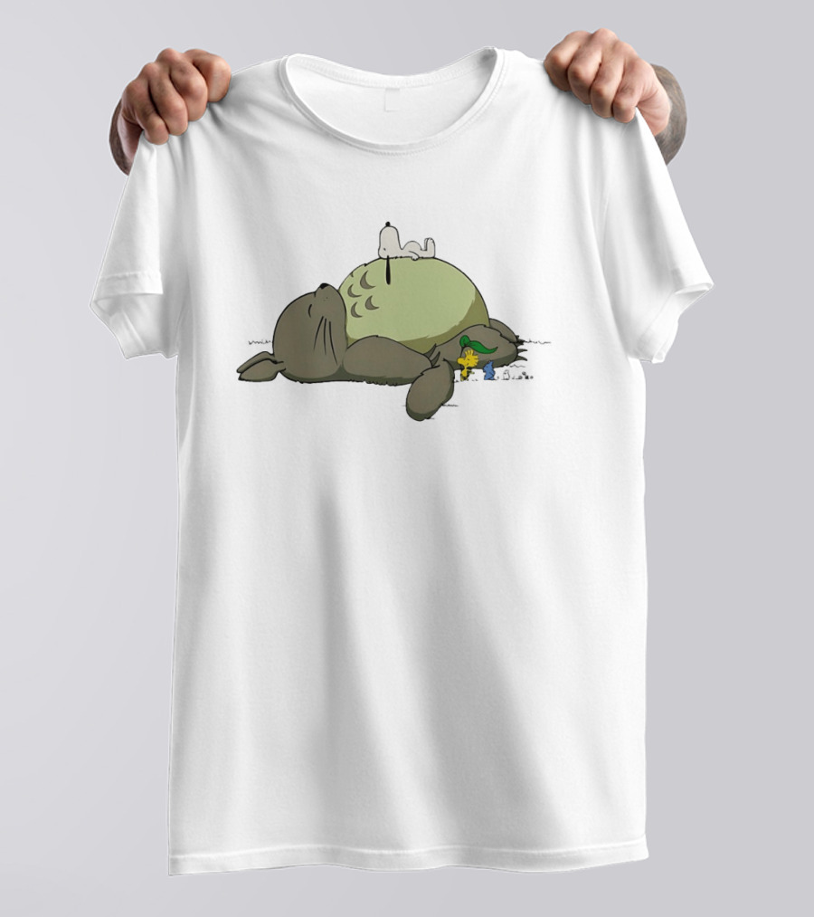 Totoro And Snoopy Sleeping With Woodstock And Classic Cartoon Characters T-Shirt