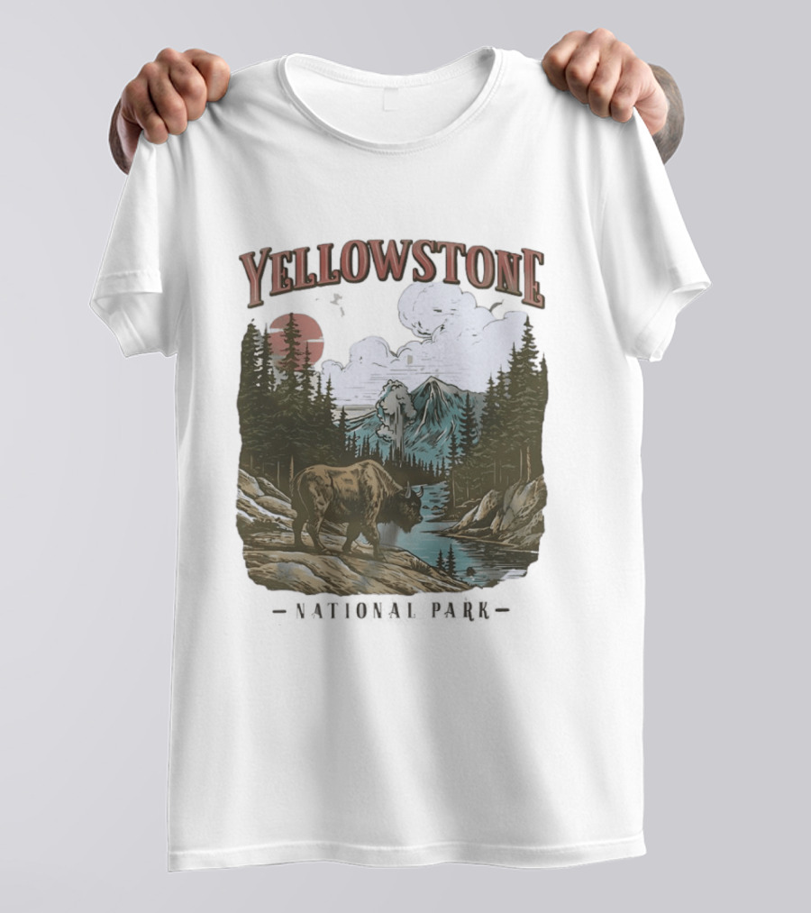 Yellowstone National Park Wild Buffalo By Stream Scenic Landscape T-Shirt