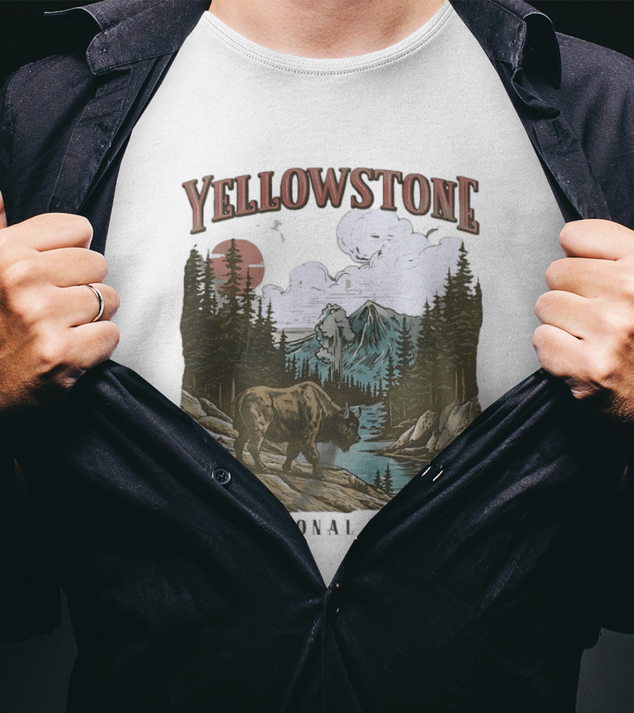 Yellowstone National Park Wild Buffalo By Stream Scenic Landscape T-Shirt