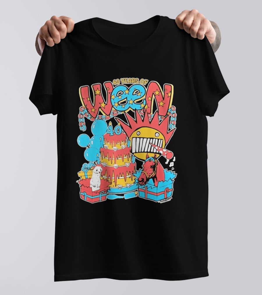 40 Years Of Ween Celebration Cake Balloons Dog Horse Black Sun Mask T-Shirt