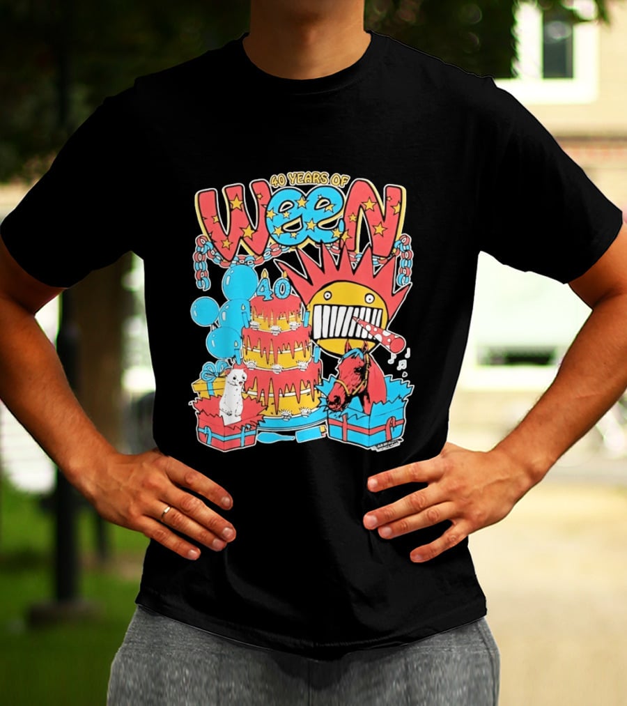 40 Years Of Ween Celebration Cake Balloons Dog Horse Black Sun Mask T-Shirt