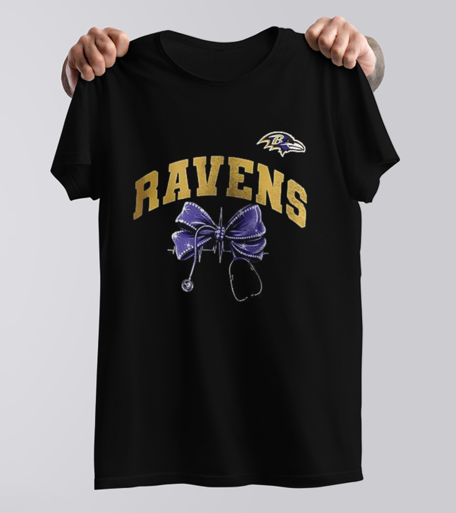 Baltimore Ravens Nurse By Heart By Soul Ravens Stethoscope Bow T-Shirt