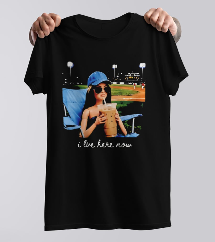 I Live Here Now Barbie Drink Coffee Baseball Stadium Scene T-Shirt