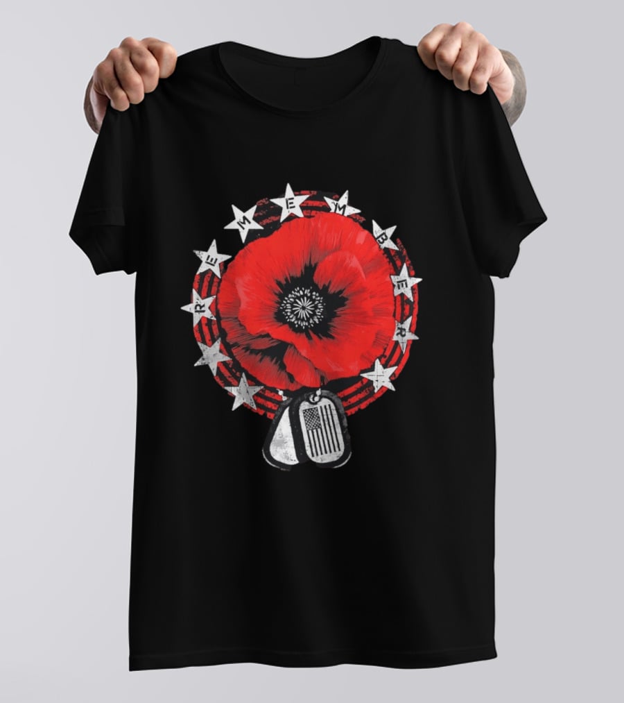 Remember Poppy 2026 American Flag Dog Tags Stars T-Shirt