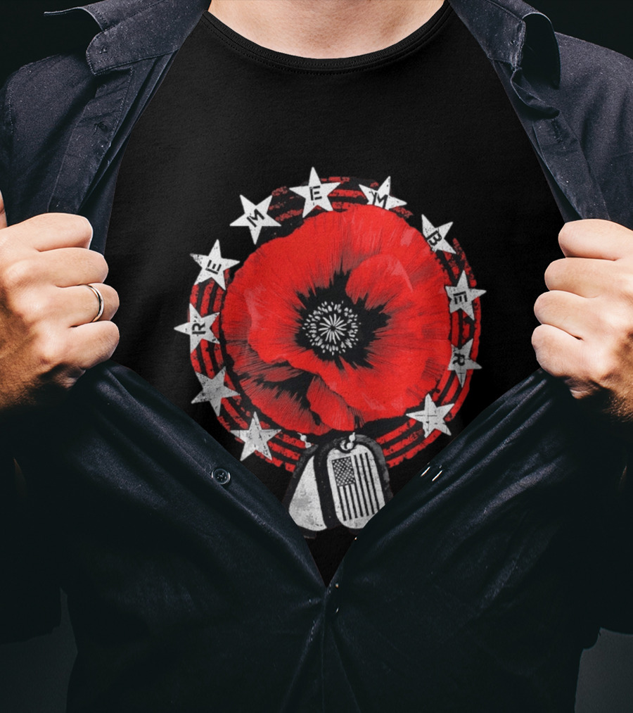 Remember Poppy 2026 American Flag Dog Tags Stars T-Shirt