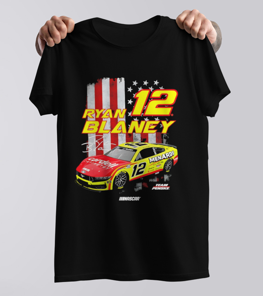 Ryan Blaney 12 Team Penske NASCAR American Flag Racing Car T-Shirt