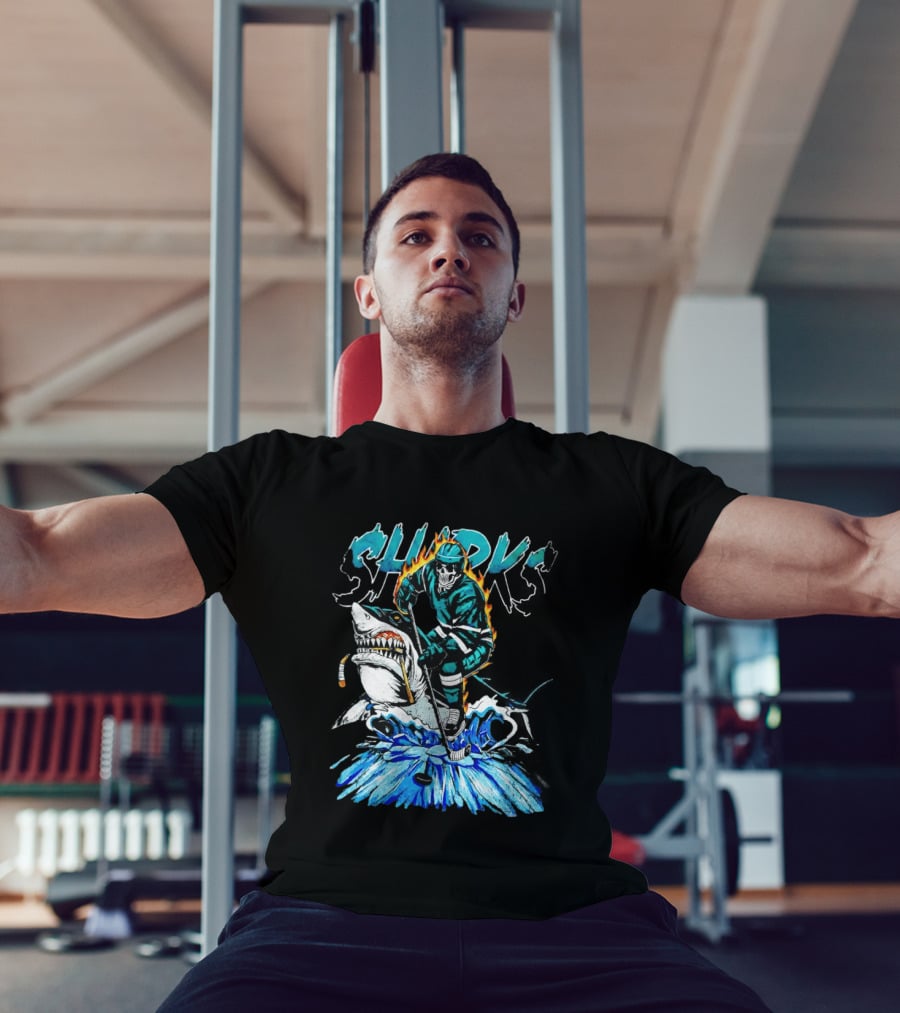 San Jose Sharks 90s Hockey Skull Flames Ice Shark Rider T-Shirt