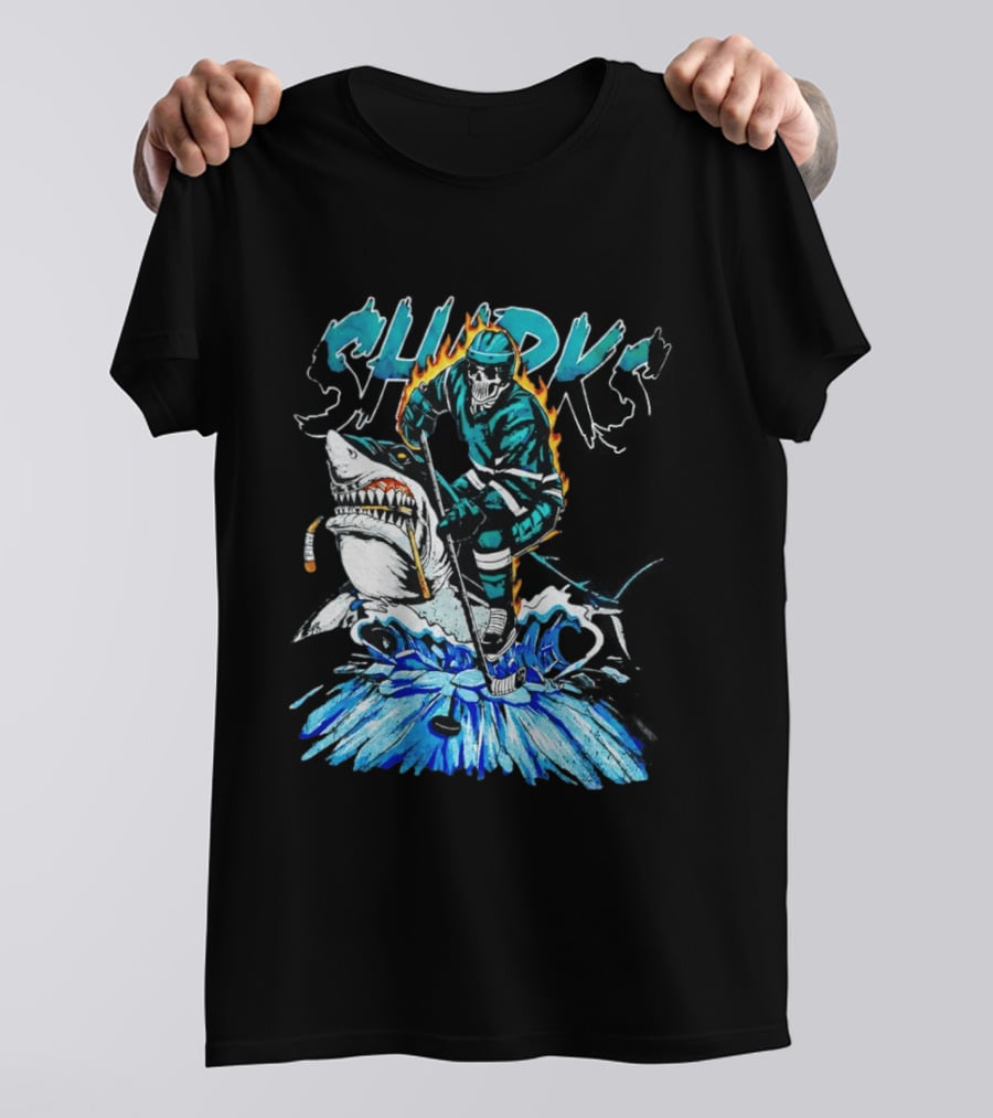 San Jose Sharks 90s Hockey Skull Flames Ice Shark Rider T-Shirt