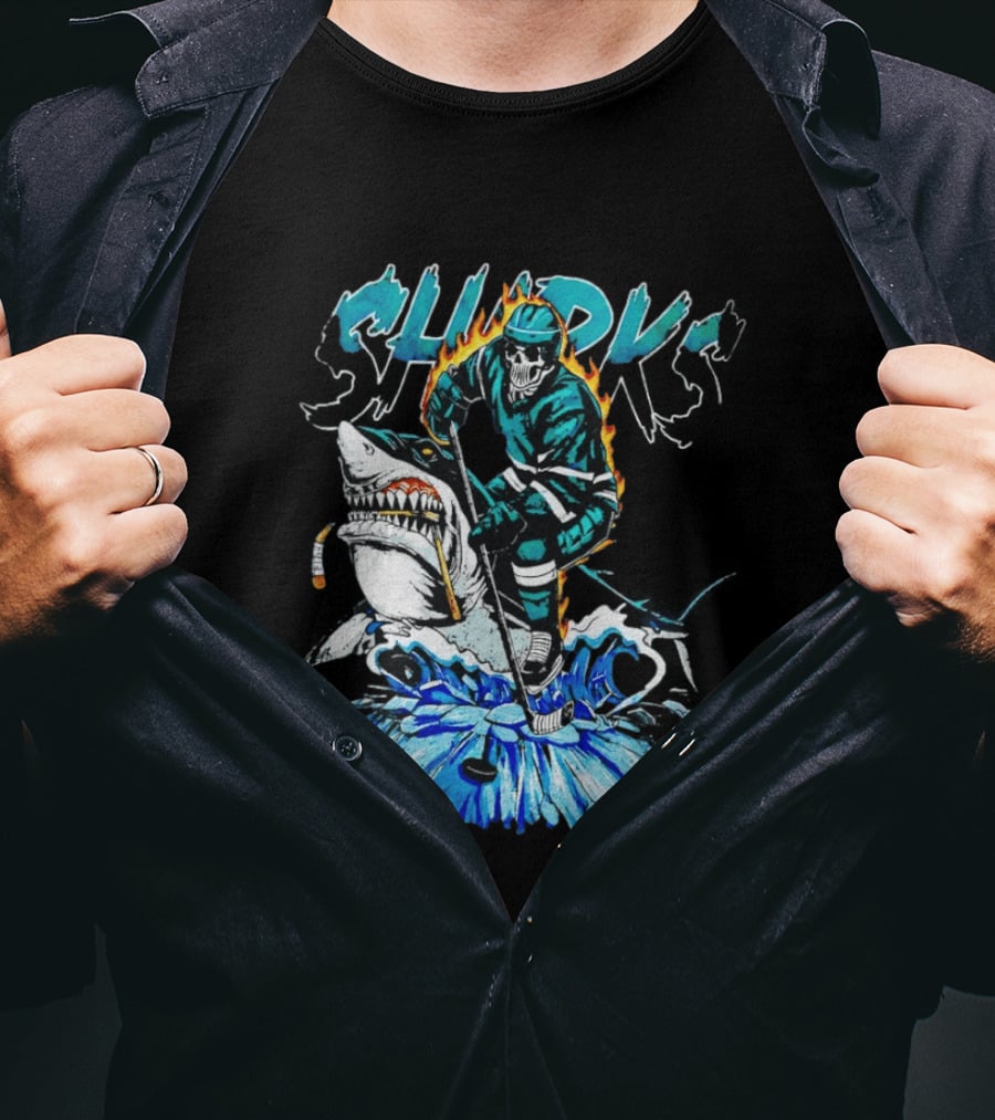 San Jose Sharks 90s Hockey Skull Flames Ice Shark Rider T-Shirt