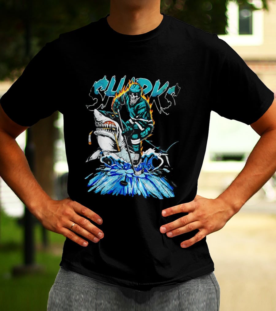 San Jose Sharks 90s Hockey Skull Flames Ice Shark Rider T-Shirt