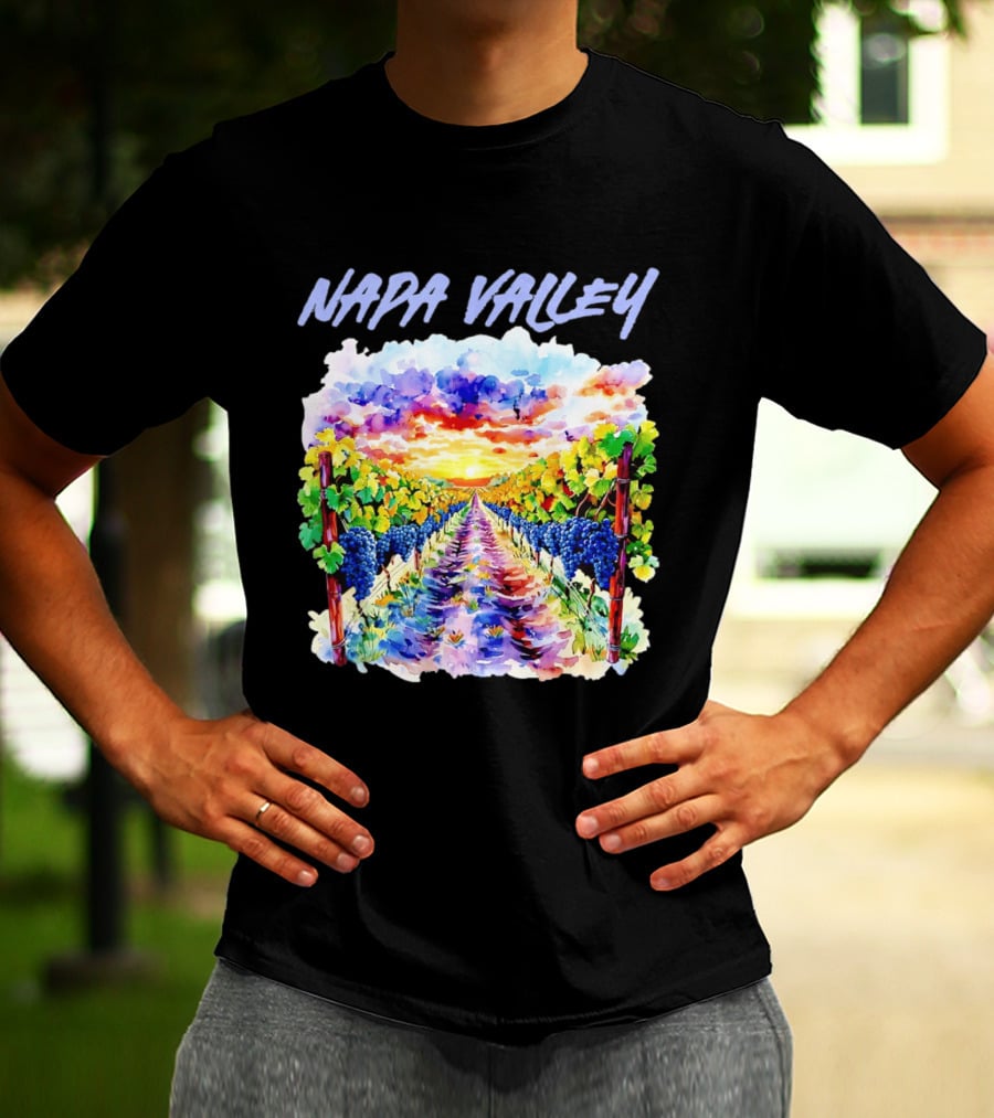 Napa Valley California Vineyard Scenic Sunset Watercolor Landscape T-Shirt