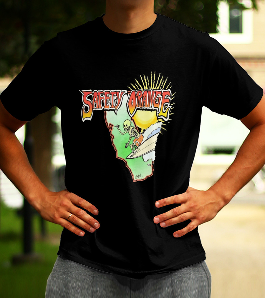Safety Orange Skeleton Surfing Explosion Scene T-Shirt
